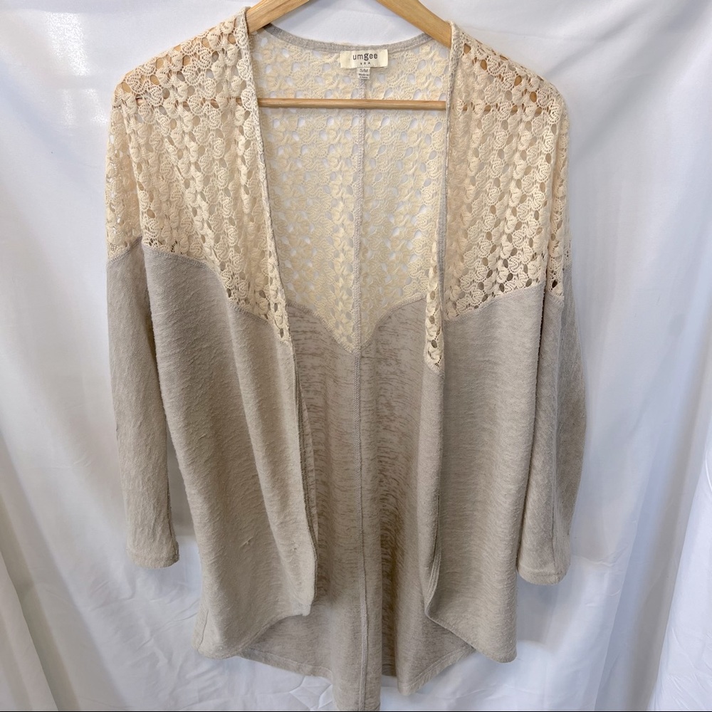 UMGEE Crochet Long Open Cardigan Lightweight Kimono Jacket Boho Gray Cream